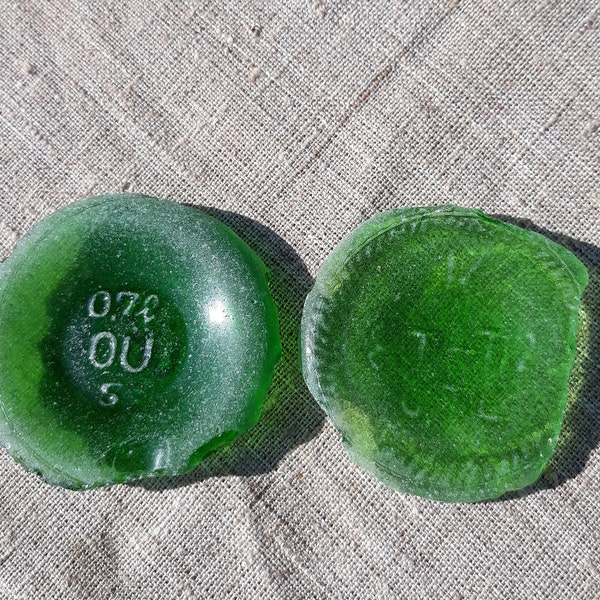 Baltic beach Huge sea Glass Green bottoms 2 pcs set numeral Sea Glass Bottle Bottom collectible craft supplies guests green place cards