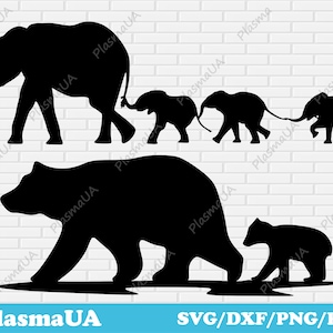May include: Silhouette of a family of elephants walking in a line, followed by a mother bear and her cub walking in the same direction. The animals are all black against a white brick background.