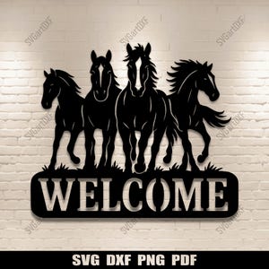 May include: Black metal sign with four horse silhouettes and the word "WELCOME". The horses are in different poses, with flowing manes and tails. Suitable for indoor or outdoor use, this sign is a decorative piece.