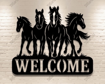 May include: Black metal sign with four horse silhouettes and the word "WELCOME". The horses are in different poses, with flowing manes and tails. Suitable for indoor or outdoor use, this sign is a decorative piece.
