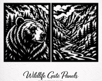 Grizzly Bear Mountain Gate Panel, Forest Wildlife CNC Cutting Files (SVG DXF)