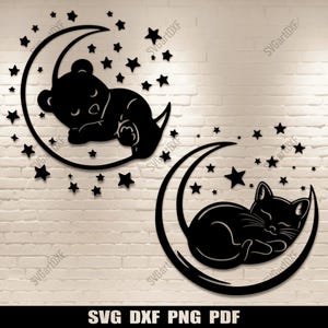 Sleeping Bear and Cat on Moon SVG | Night Sky Stars Nursery Cut Files | DXF for Cricut, Glowforge Laser | Baby Room Digital Download