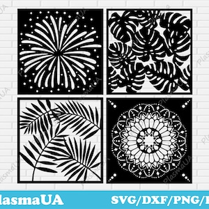May include: Four black and white square designs. The top left design is a stylized firework. The top right design is a pattern of tropical leaves. The bottom left design is a pattern of palm leaves. The bottom right design is a mandala.