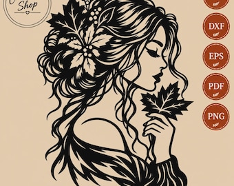 Autumn Girl with Maple Leaves SVG file, Floral Woman DXF laser cut