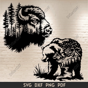 Cabeza de bisonte en el bosque Svg, Montañas de osos dxf para corte láser, Svg para Cricut, Vector de vida silvestre, imágenes prediseñadas de osos, Dxf para corte por plasma Cnc