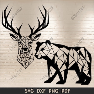 Geometryczne zwierzęta Svg, Geometryczny jeleń Svg, Geometryczny niedźwiedź Svg, Dxf do cięcia laserowego, Wielokątne zwierzęta Svg, Pliki Svg do Cricut, Cięcie CNC