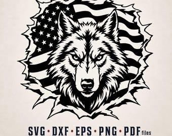Wolf-USA-Flagge (Laserschnittdatei, SVG/DXF, Metall-Wandkunst, Wildtier-CNC-Plasmaschneiddesign)