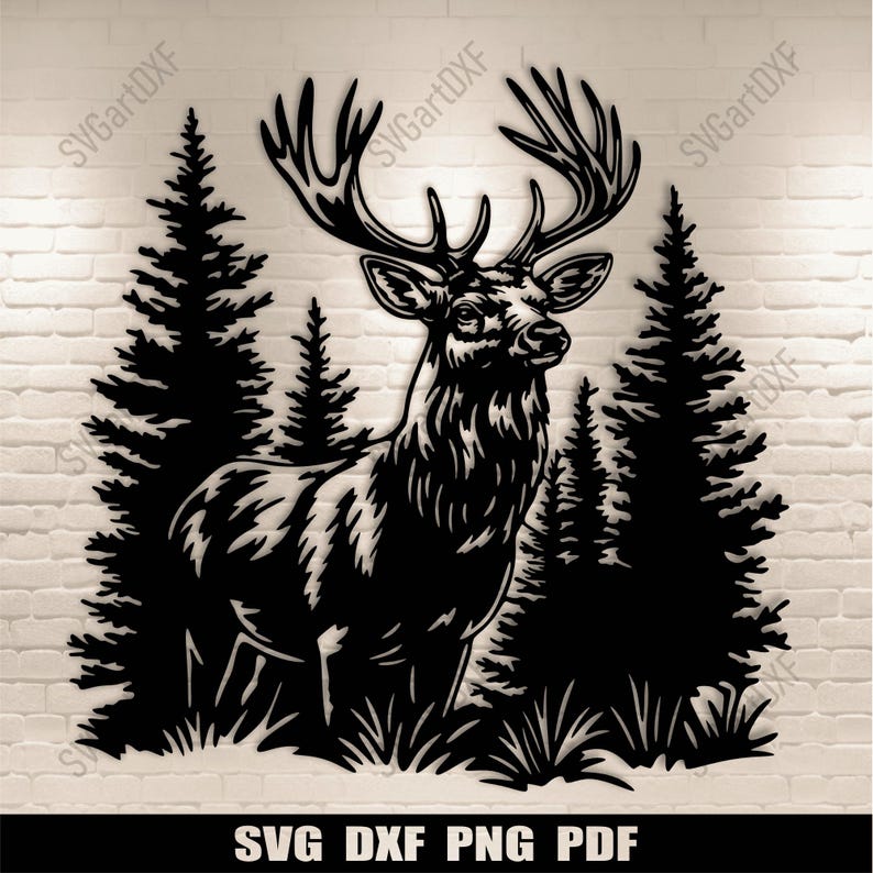 Deer in Forest Svg, Wildlife Dxf for CNC and Laser Cutting, Silhouette Whitetail Deer Svg, Plasma Art, Sublimation Design
