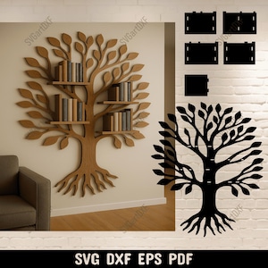 Pode incluir: Uma estante de livros de madeira em forma de árvore com vários ramos e prateleiras. As prateleiras estão cheias de livros. A árvore está montada em uma parede de tijolos brancos. A imagem também inclui uma silhueta preta da estante em forma de árvore.