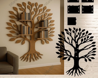 Trädbokhylla SVG DXF, laserskuren fil för 6 mm 1/4 tum plywood, väggmonterad bokhylla, digital nedladdning av trädhylla i trä