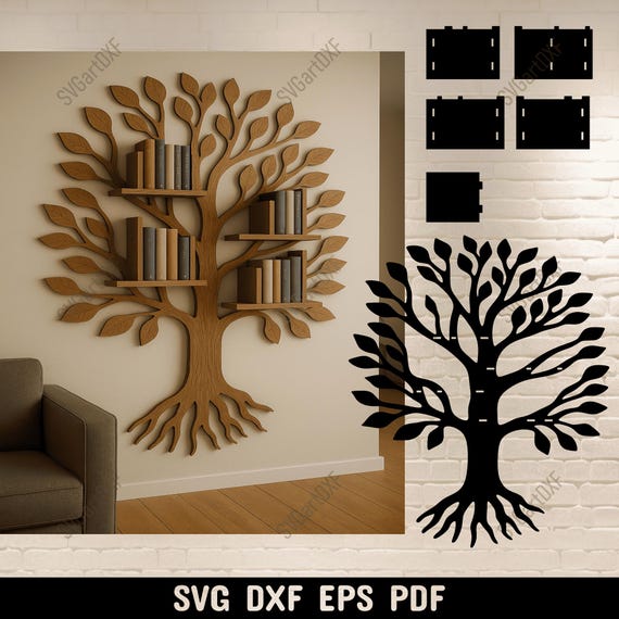 Tree Bookshelf SVG DXF, Laser Cut File for 6mm 1/4 inch Plywood, Wall Mounted Bookcase, Wooden Tree Shelf Digital Download