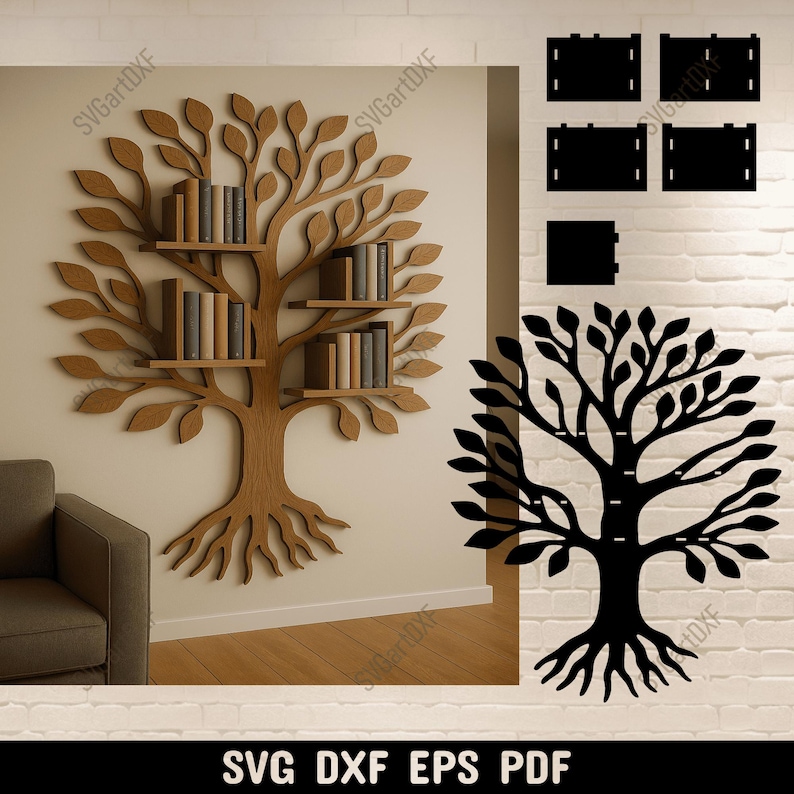 Wooden Tree Bookshelf Laser Cut File | SVG DXF for CNC & Glowforge | Wall Bookcase for 6mm 1/4 inch Plywood