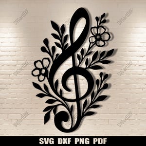 Floral solsleutel SVG DXF-bestand voor Cricut & Silhouette, decor muziekliefhebber, dxf voor lasersnijden multiplex, digitale download