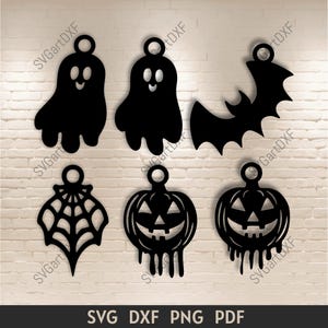 Puede incluir: Seis archivos de corte SVG de temática de Halloween en negro para manualidades. Los diseños incluyen un fantasma, un murciélago, una telaraña y dos calabazas.
