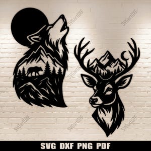 May include: Two black metal wall art pieces. One shows a howling wolf with a mountain and forest scene, and a full moon. The other is a deer head with antlers, a mountain and forest scene, and a crescent moon. The text "SVG DXF PNG PDF" is at the bottom.