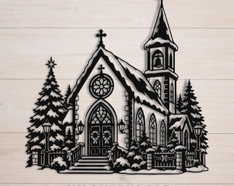 Christmas Church SVG for Cricut, Winter Village DXF, Snowy Chapel Laser Cut File
