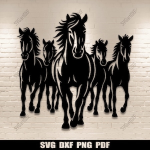 May include: Black metal wall art depicting five horses in a running pose. The horses are silhouetted against a white brick background. The text "SVG DXF PNG PDF" is at the bottom of the image.