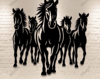 May include: Black metal wall art depicting five horses in a running pose. The horses are silhouetted against a white brick background. The text "SVG DXF PNG PDF" is at the bottom of the image.