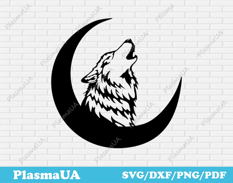 May include: Black and white silhouette of a wolf howling at the moon. The wolf is positioned to the right of the crescent moon.