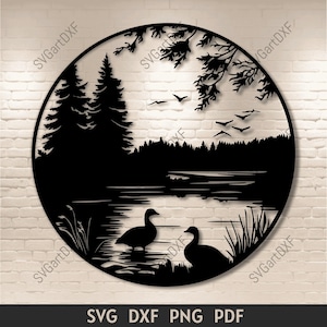 Patos salvajes SVG, escenas de la naturaleza DXF para archivos de corte por láser, Cricut y Silhouette, calcomanías de vinilo para pared vectoriales, imágenes prediseñadas de vida silvestre PNG