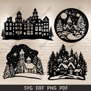 Weihnachtsstadt geschnitten, Urlaub Szene Clipart, Schneidedateien für Cricut, Weihnachtskirche geschnitten Datei, Silhouette Weihnachtsszene, Dxf für Laser-cut