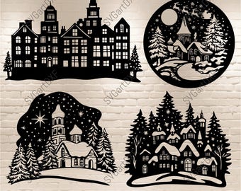 Christmas Town Svg, Holidays Scene Clipart, Cutting files for Cricut, Christmas Church Svg, Silhouette Christmas Scene, Dxf for Laser cut