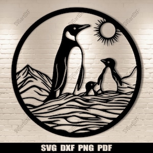 Escena de pingüinos en formato Svg, archivos de corte de familia de pingüinos, archivos de siluetas en formato dxf, archivos de grabado láser, archivos de corte de vinilo, arte imprimible