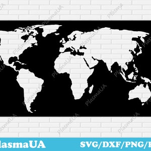 Peut inclure: Une silhouette noire et blanche de la carte du monde. Les continents sont blancs et les océans sont noirs.