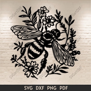 Bee scene SVG cut file for Cricut, Floral Bee Svg, Silhouette Bee, Spring Flowers Clipart, Dxf file for Laser cut, Instant Digital Download
