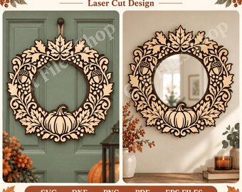 Autumn Wreath and Mirror Frame SVG DXF, Pumpkin Acorn Laser Cut File