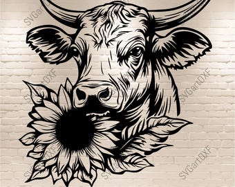 Highland Cow Girasole SVG PNG, File di taglio Cricut, Clipart Sublimazione T-shirt design, Silhouette di mucca, Vita in fattoria dxf per laser CNC