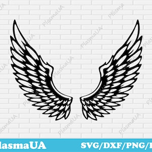 May include: Black, stylized angel wings illustration. The wings are symmetrical and detailed, with each feather clearly defined. The image includes the text "PlasmaUA" and "SVG/DXF/PNG/PDF".