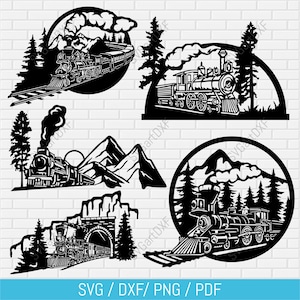 Archivos de corte SVG de escenas de trenes para Cricut, DXF de trenes para corte por láser, imágenes prediseñadas de trenes de silueta, archivos de corte de vinilo, diseño de arte mural de naturaleza