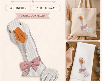 Goose Embroidery Design, Pink Bow, Farm Bird Machine File (4-8 Inch)