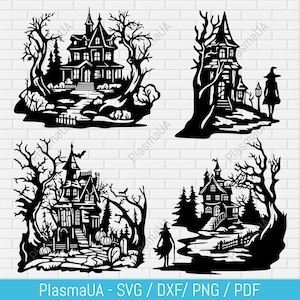 May include: Black silhouette cutouts of haunted houses, trees, and witches against a white brick background. The image includes four different designs, perfect for Halloween decorations. The text "PlasmaUA - SVG / DXF / PNG / PDF" is at the bottom.