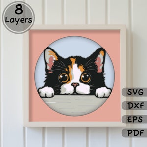Svg chat furtif en couches, modèle Svg 3D Cat Shadow Box, Dxf pour découpe laser, fichiers de coupe pour Cricut, Silhouette, chat multicouche svg, papier découpé