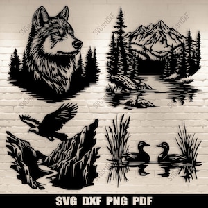 Wildlife Scenes Dxf for CNC, Wolf in forest Svg for Cricut, Eagle Cutting files, Ducks scene clipart, Metal art dxf, Sublimation Design