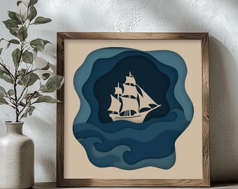 Zeilschip 3D Shadow Box-sjabloon – gelaagde Svg Dxf Eps Pdf, Ocean Waves Paper Cut Design voor Cricut, Glowforge en Cnc