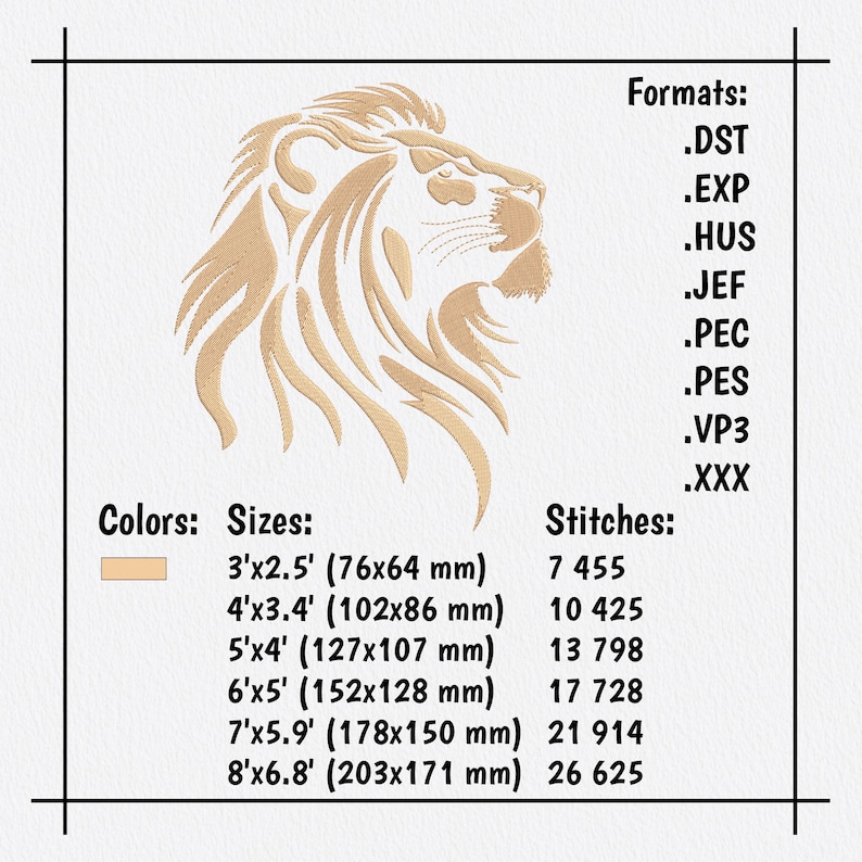 Lion Embroidery Design for Sweatshirts, Jef, Dst, Exp, Hus, Pes, Pec Files