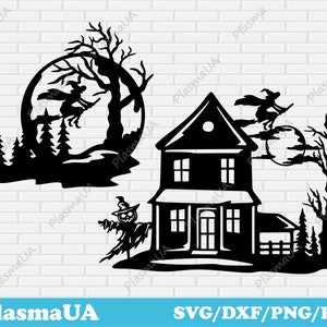 Halloween scenes dxf, haunted hause halloween, witch svg, dxf for halloween decor, svg for crafts, dxf for plasma metal cutting