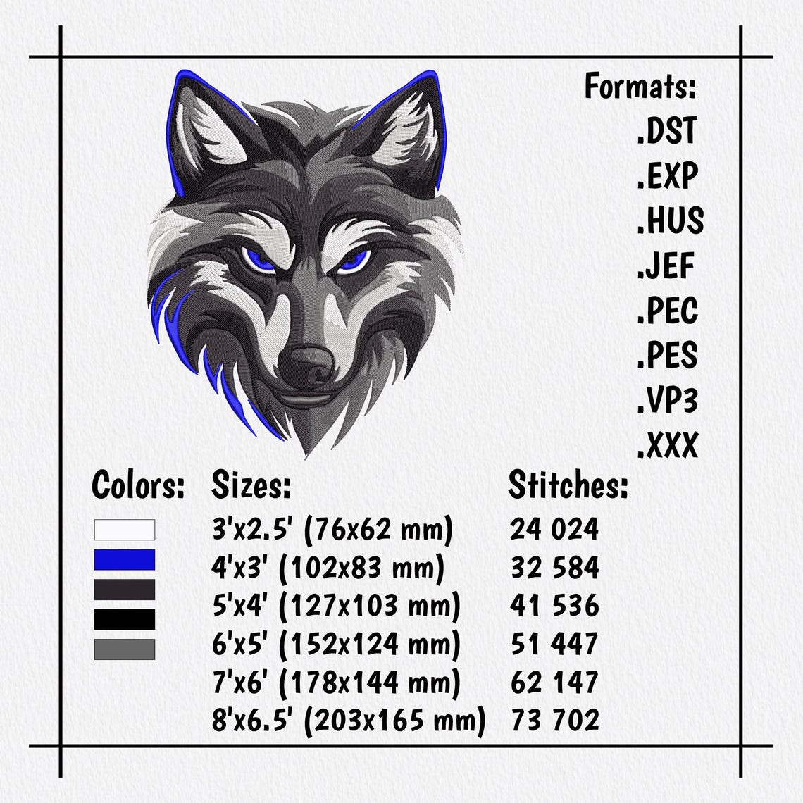 Wolves Dst Wolf Head Embroidery Design, Dst, Hus, Jef, Pes Files, Craft Machine ...