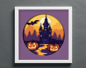 Scatola delle ombre della scena di Halloween 3D, file di taglio Svg a strati, modello di scatola delle ombre SVG, design 3D Papercraft, Svg multistrato di Halloween