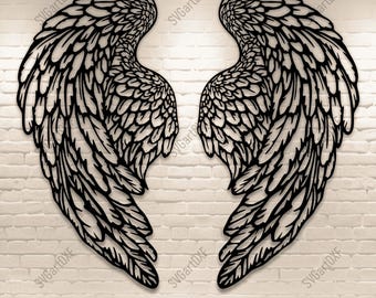 Puede incluir: Silueta en blanco y negro de un par de alas de ángel con patrones de plumas detallados. Las alas son simétricas y se extienden, creando una forma de corazón en el centro.