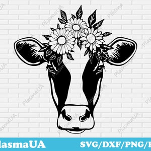 Cow with flowers, Cow cut files, svg design, SVG DXF cut files, cute cow, engraving laser, commercial use svg, digital stencil svg dxf files image 1