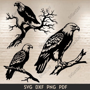 Bald Eagle Svg, archivo cortado Eagle para cricut, silueta Eagle, Eagle on Branch svg, archivos dxf para corte láser, imágenes prediseñadas de águila, escena Eagle dxf
