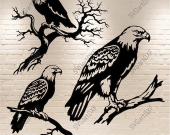 Bald Eagle Svg, archivo cortado Eagle para cricut, silueta Eagle, Eagle on Branch svg, archivos dxf para corte láser, imágenes prediseñadas de águila, escena Eagle dxf