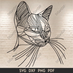 May include: A black and white line art illustration of a cat's head. The cat's eyes are large and round, and its whiskers are long and flowing.