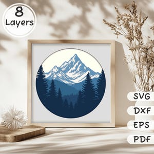 Peut inclure: Une illustration numérique d'une chaîne de montagnes avec des sommets enneigés et une forêt au premier plan. L'image est dans un cercle et a un schéma de couleurs bleu et blanc.