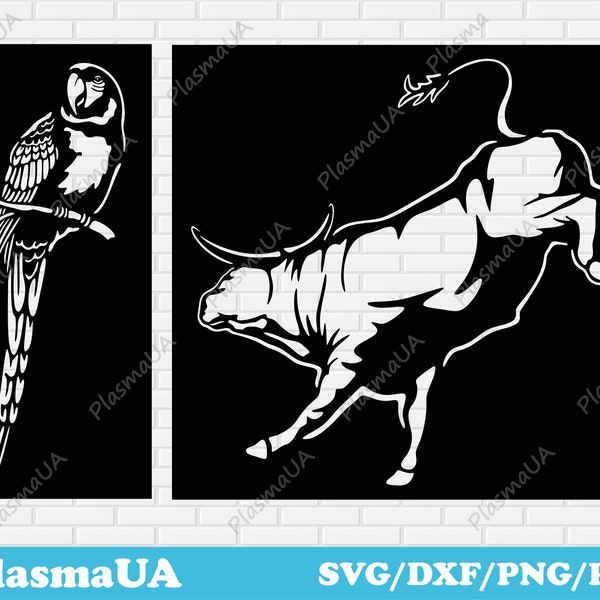 Panels Animals DXF, SVG files, laser cut files, dxf files, cnc files for wood, bull cut file, parrot cut file, cutting files, dxf download