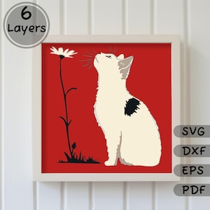 3D Katze mit Blumen Schattenbox Vorlage, DIY Wohnkultur, SVG für Cricut, Glowforge, Silhouette, DXF für Laser Cut